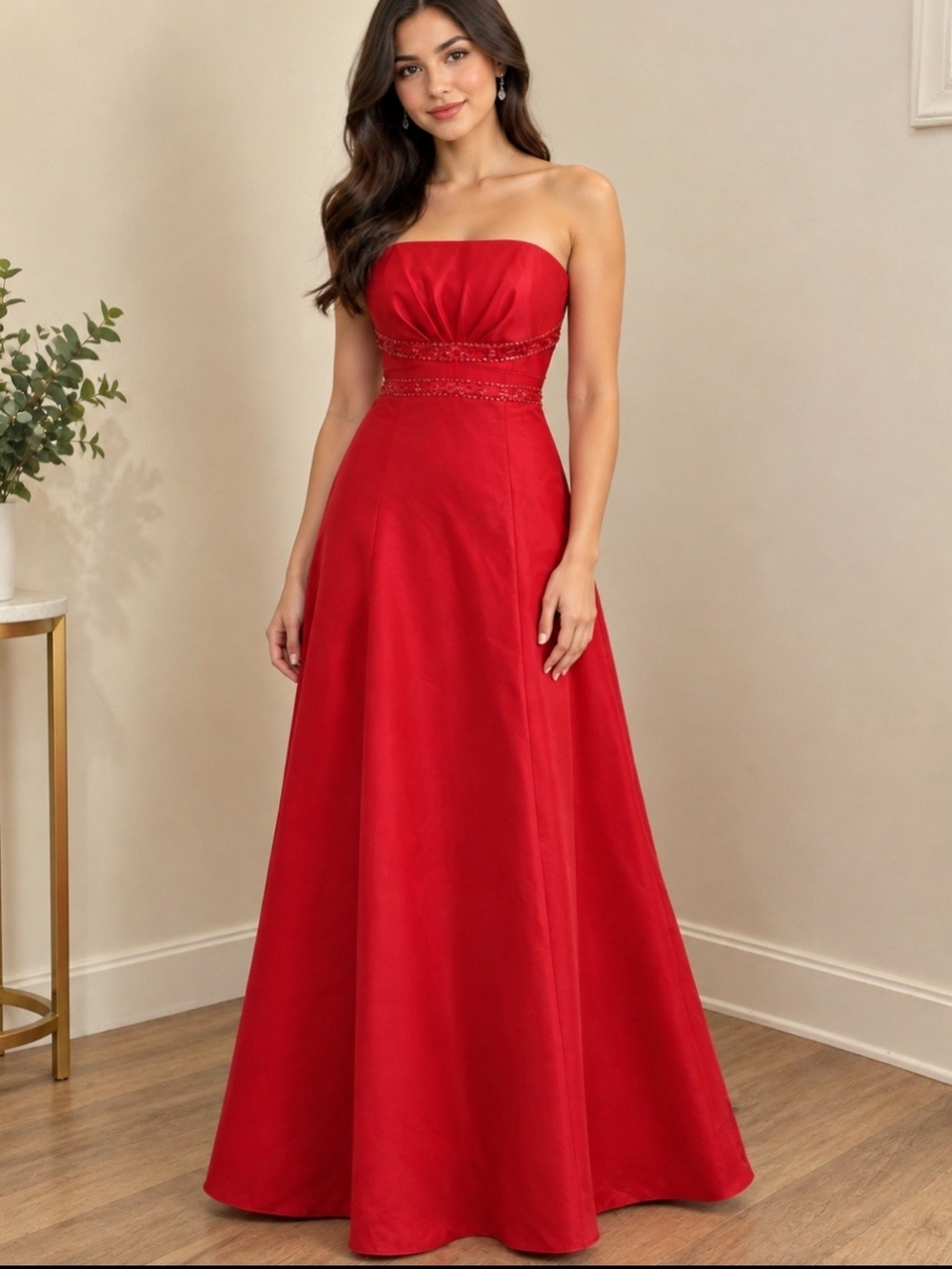 David's Bridal Strapless Red Formal Gown with Beaded Waist